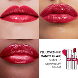 YSL Candy Glaze lipstick in a silver-toned case with a red band, showing a strawberry red glossy lipstick bullet.