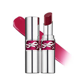 Two silver-toned lipsticks with fuchsia YSL logo bands. One is closed, the other open, revealing a deep berry red bullet.