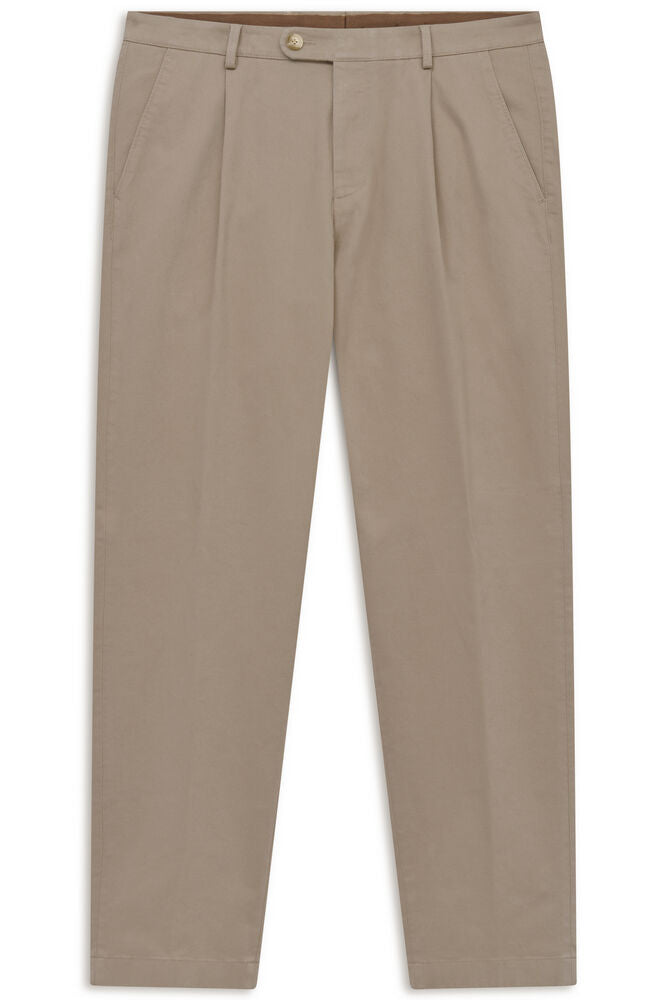 Beige men's tailored trousers with a single pleat on each leg, belt loops, and angled side pockets, laid flat.