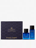 Thameen Peacock Throne fragrance and hair mist gift set with two blue glass bottles and a dark blue patterned box.