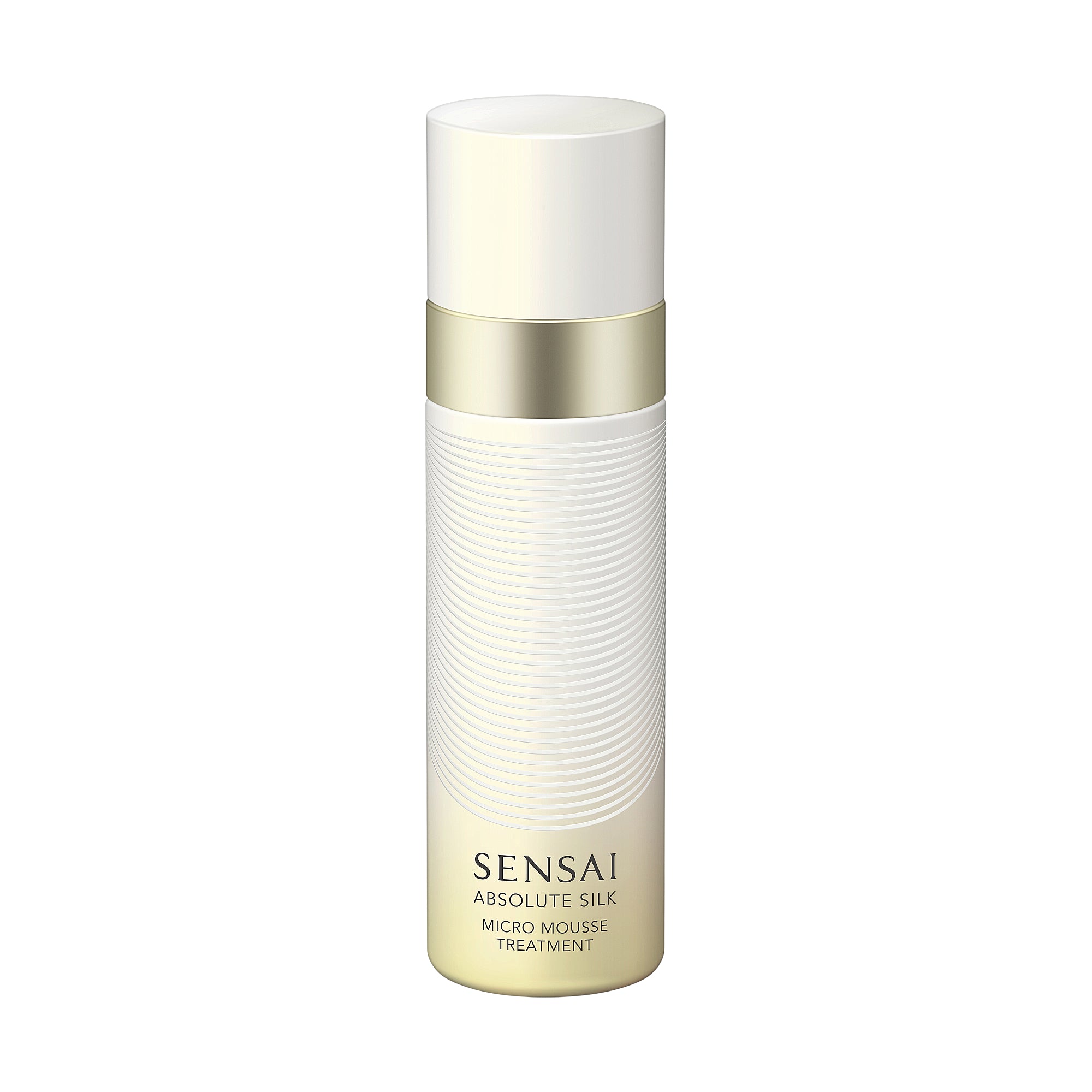 Sensai Absolute Silk Micro Mousse Treatment in a cream and gold-toned cylindrical bottle with a textured body.
