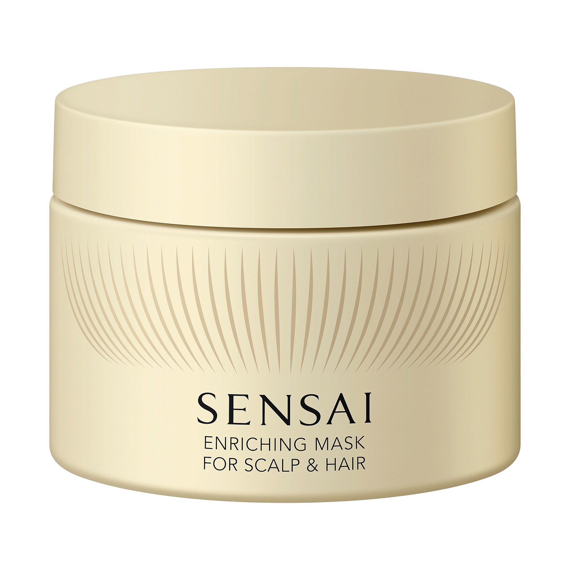 Pale cream Sensai Enriching Mask for Scalp & Hair in a round jar with a flat lid and radiating line pattern.