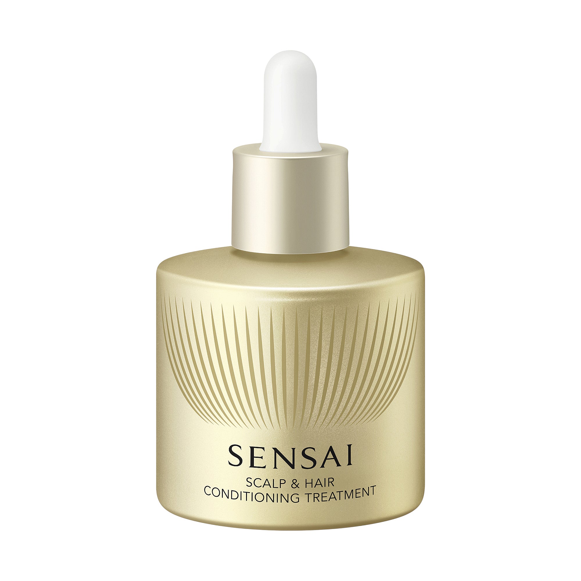 Gold-toned Sensai Scalp & Hair Conditioning Treatment 55ml bottle with a white dropper cap and radiating line pattern.