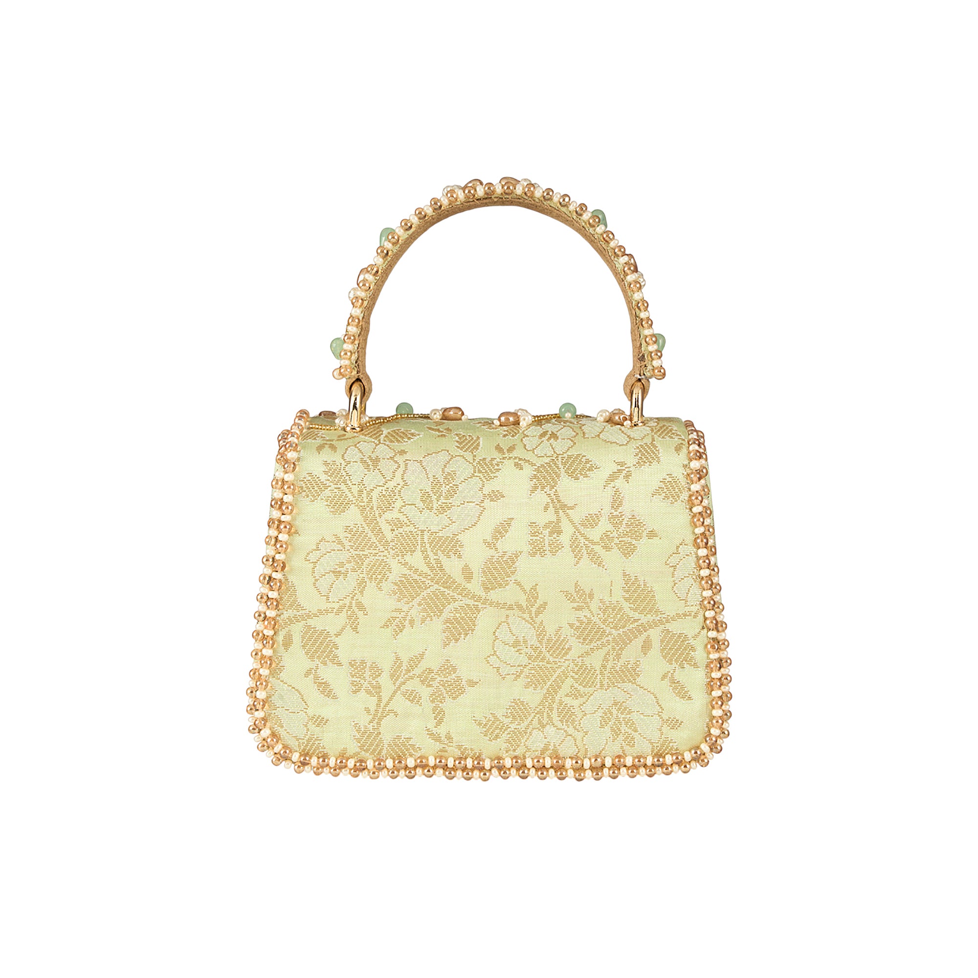 Jade green mini trapezium handbag with gold-toned floral jacquard, trimmed with gold-toned beads. Beaded top handle has jade