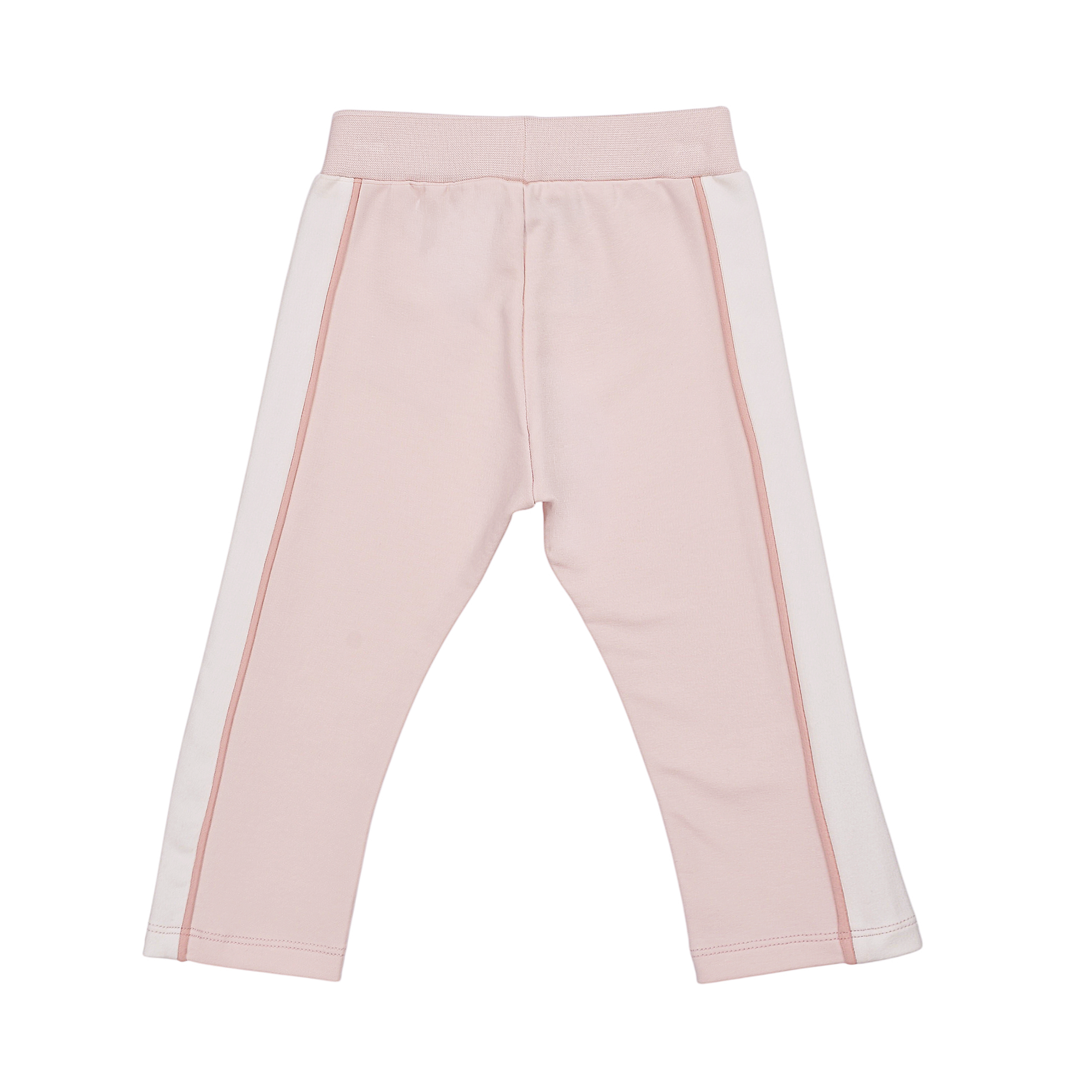 Light pink jogging pants with a ribbed waistband and white side stripes, each trimmed with thin pink piping.