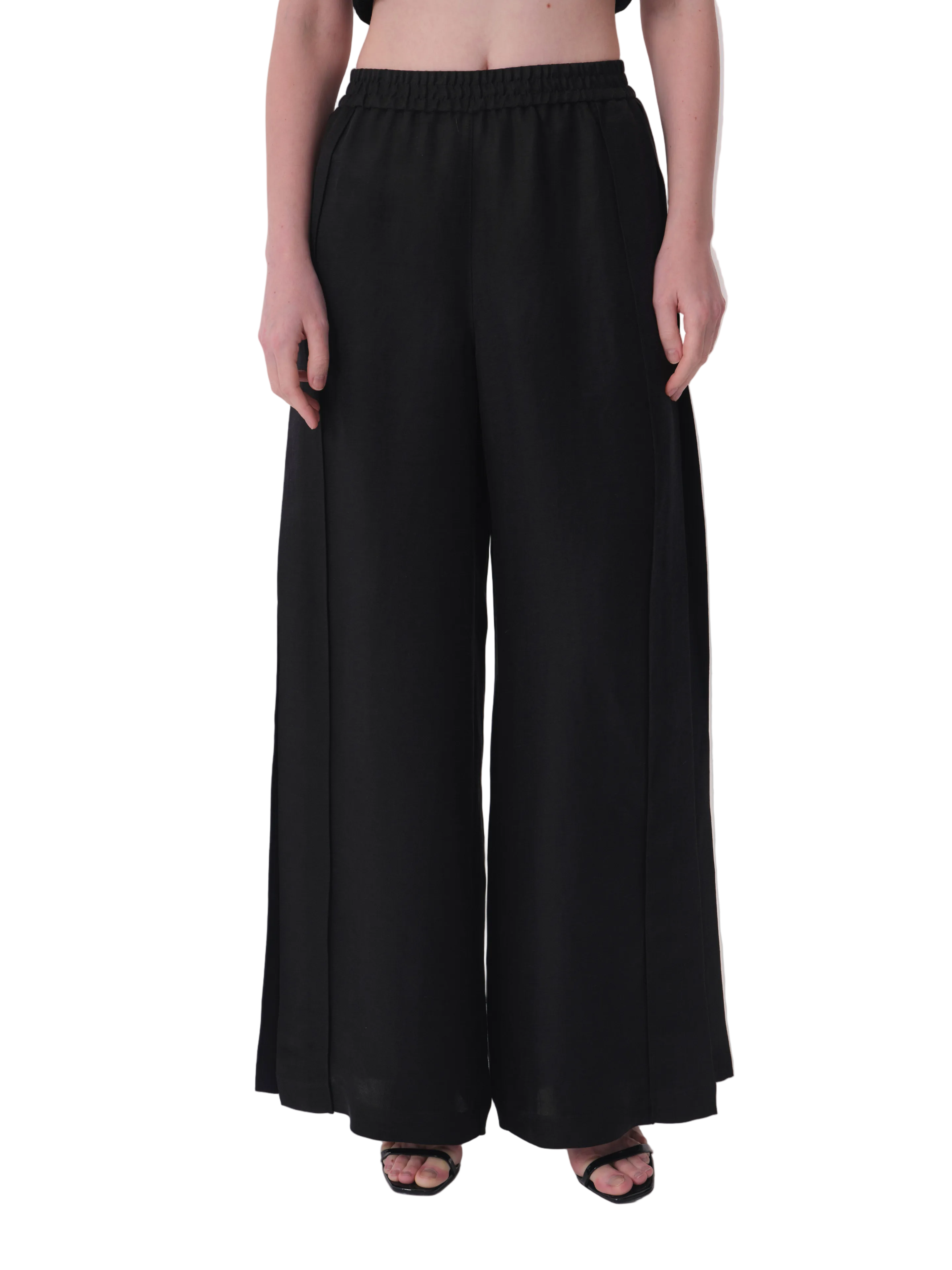Black wide-leg trousers with an elasticated waistband and front vertical seams.