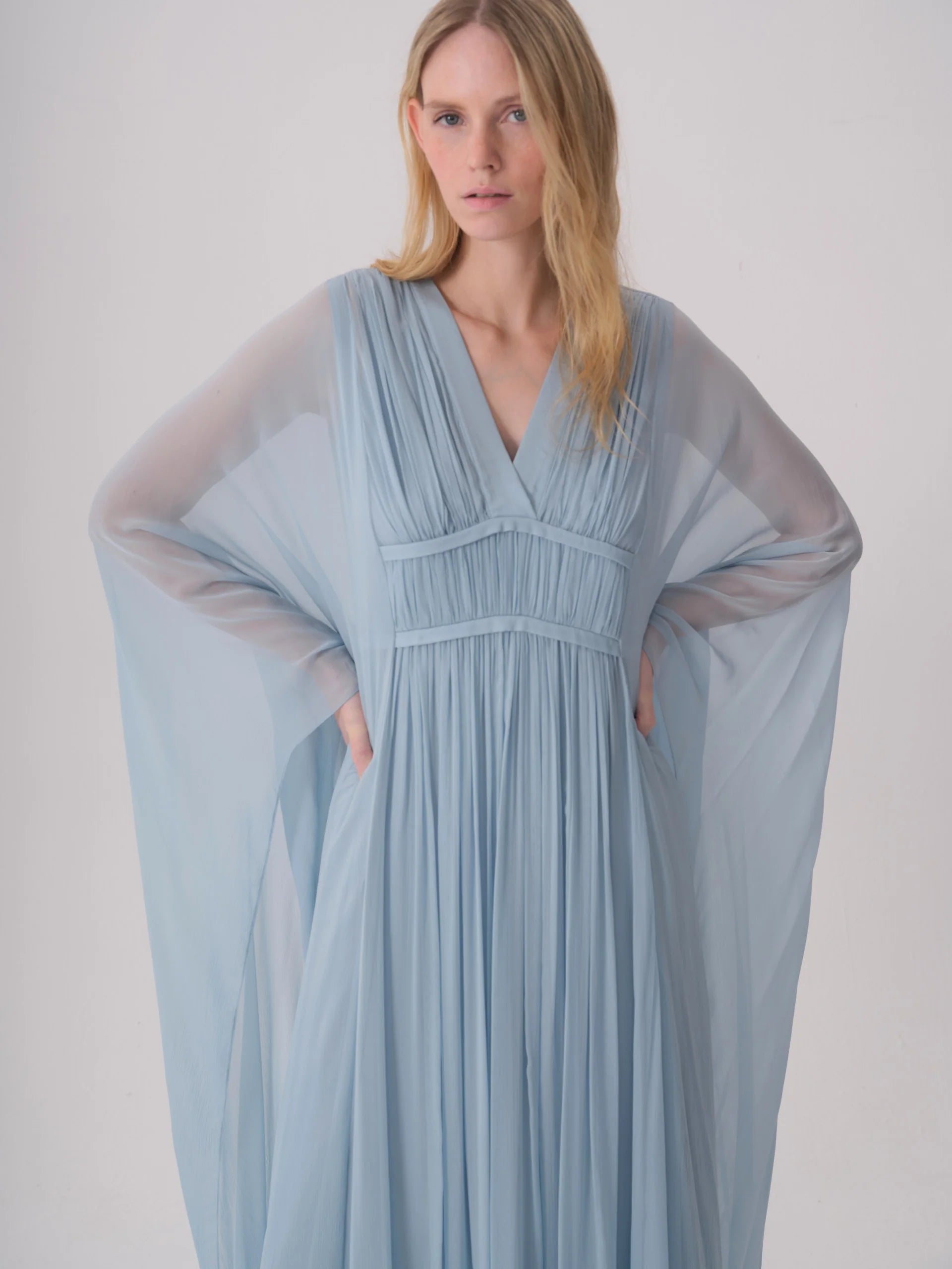 Light blue maxi dress with a V-neck, pleated bodice, empire waist, flowing sheer sleeves, and a pleated skirt.