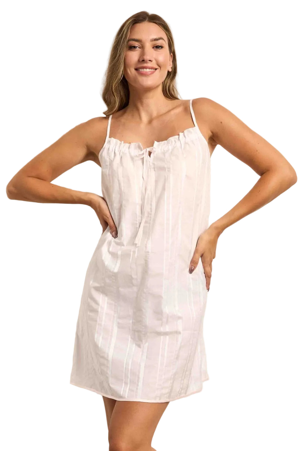 Pale pink super voile sateen stripe chemise dress with spaghetti straps and a gathered drawstring neckline.