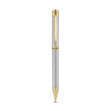 Silver-toned ballpoint pen with gold-toned cap top, clip, cap band, and writing tip. "POLICE" logo visible on clip and cap ba