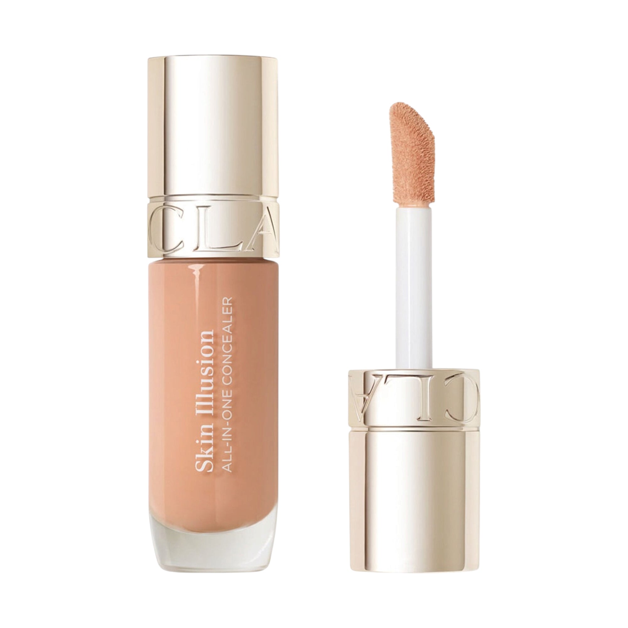 Clarins Skin Illusion All-in-One Concealer in a peachy beige shade, with metallic-toned cap removed to show the flocked wand