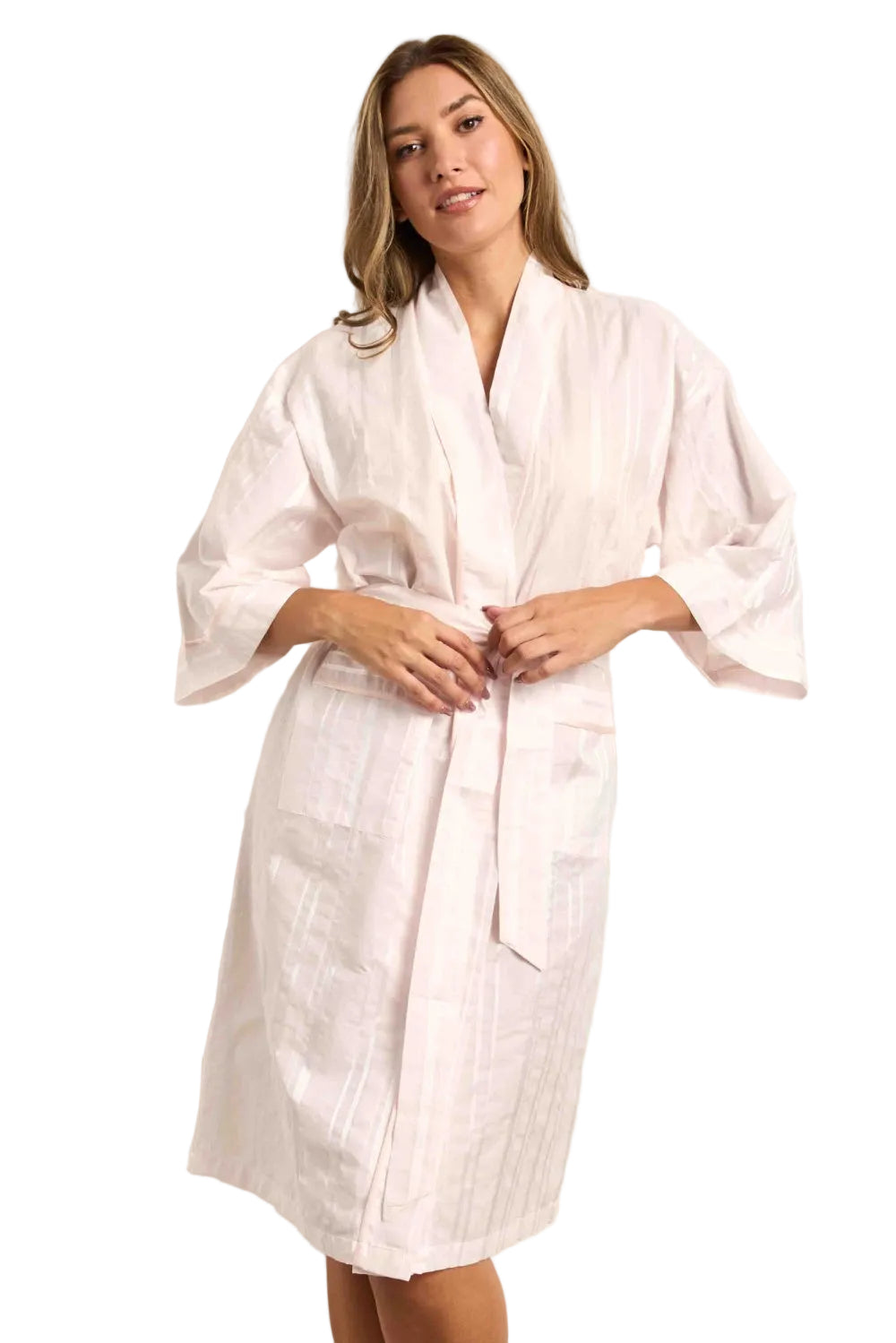 Pale pink voile sateen stripe kimono wrapover with 3/4 sleeves, self-tie belt, and two front patch pockets.