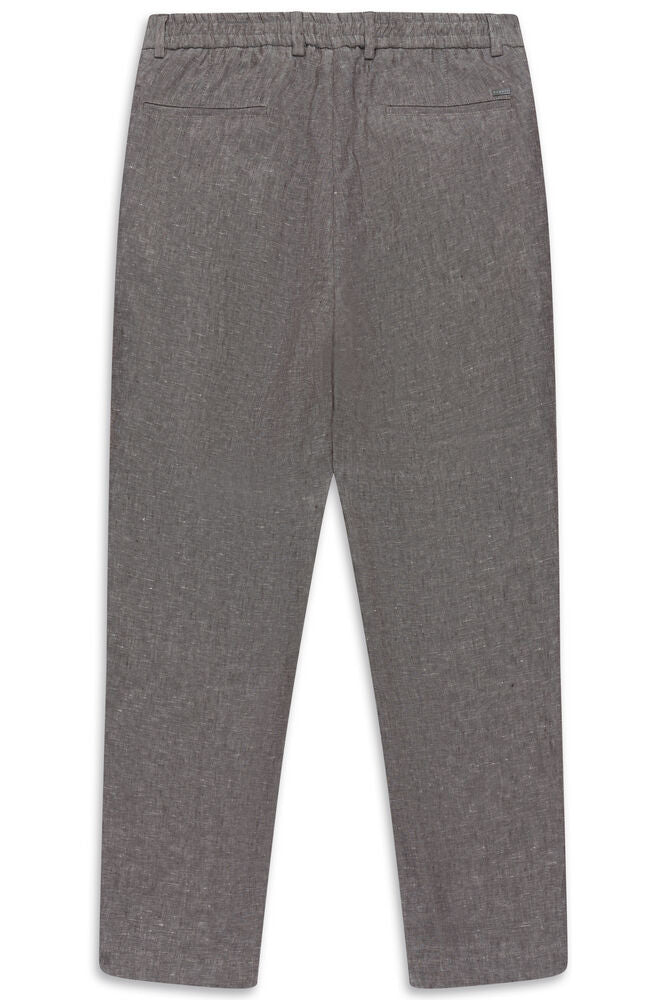 Grey textured trousers with an elasticated back waistband, belt loops, and two back welt pockets, one with a small dark label