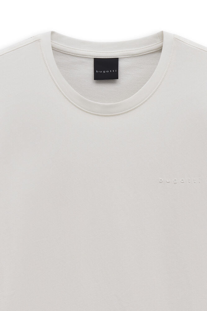 Ecru crew neck T-shirt with a textured knit, featuring an embossed 'bugatti' logo on the chest and a black neck tag.