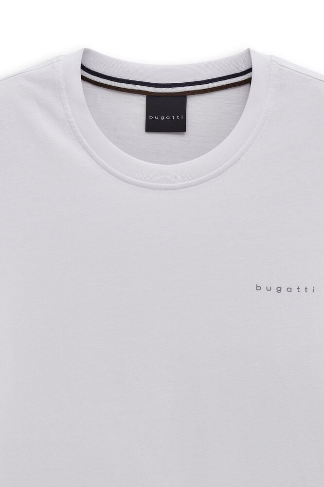 White crew neck T-shirt with ribbed collar. Black "bugatti" neck tag and small dark grey "bugatti" logo on chest.