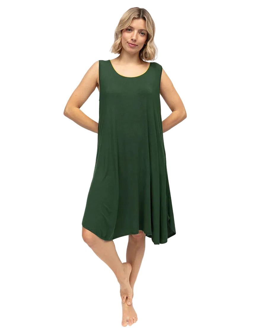 Olive green sleeveless knitted nightdress with a scoop neckline and a relaxed, flowing swing silhouette.