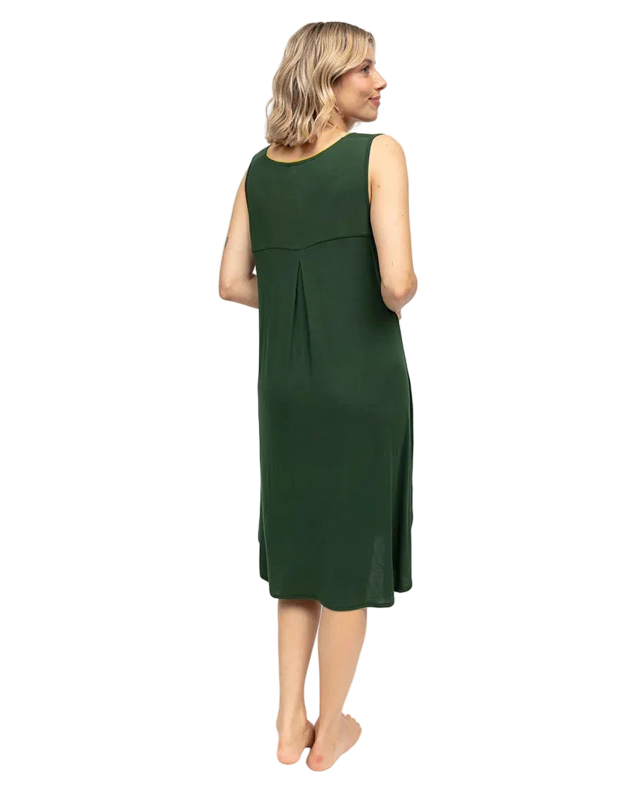 Olive green knitted sleeveless midi nightdress with a scoop neck and pleats below a horizontal seam on the back.