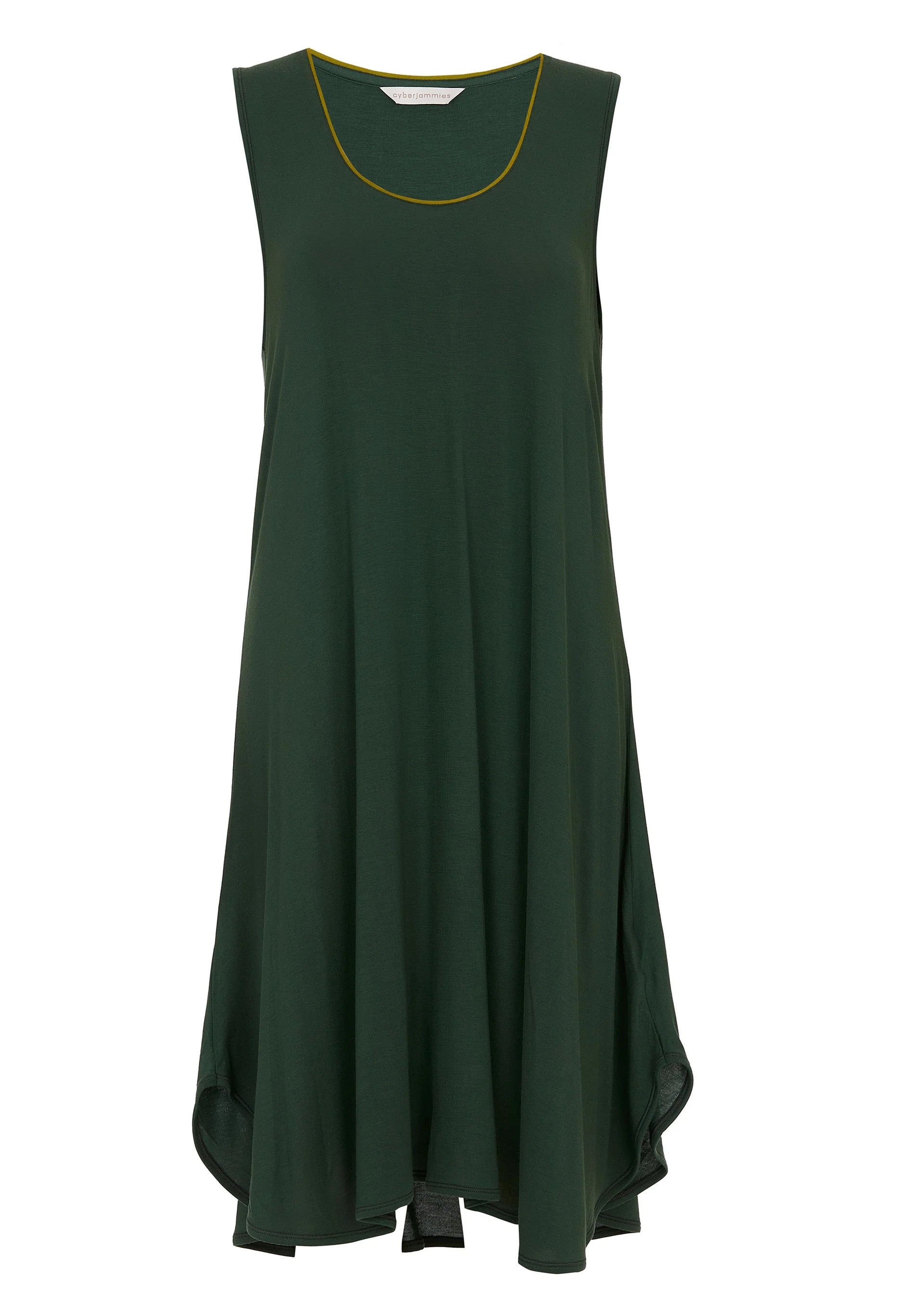 Olive green knitted sleeveless nightdress with a round neckline featuring a mustard yellow trim and an asymmetrical hem.