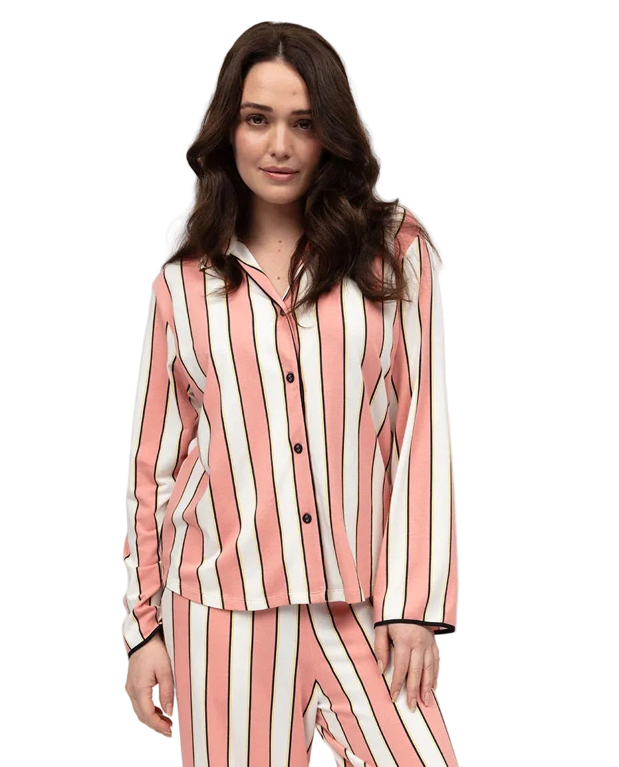 Pink, white, and black striped knitted shirt with a notched collar and button-front closure