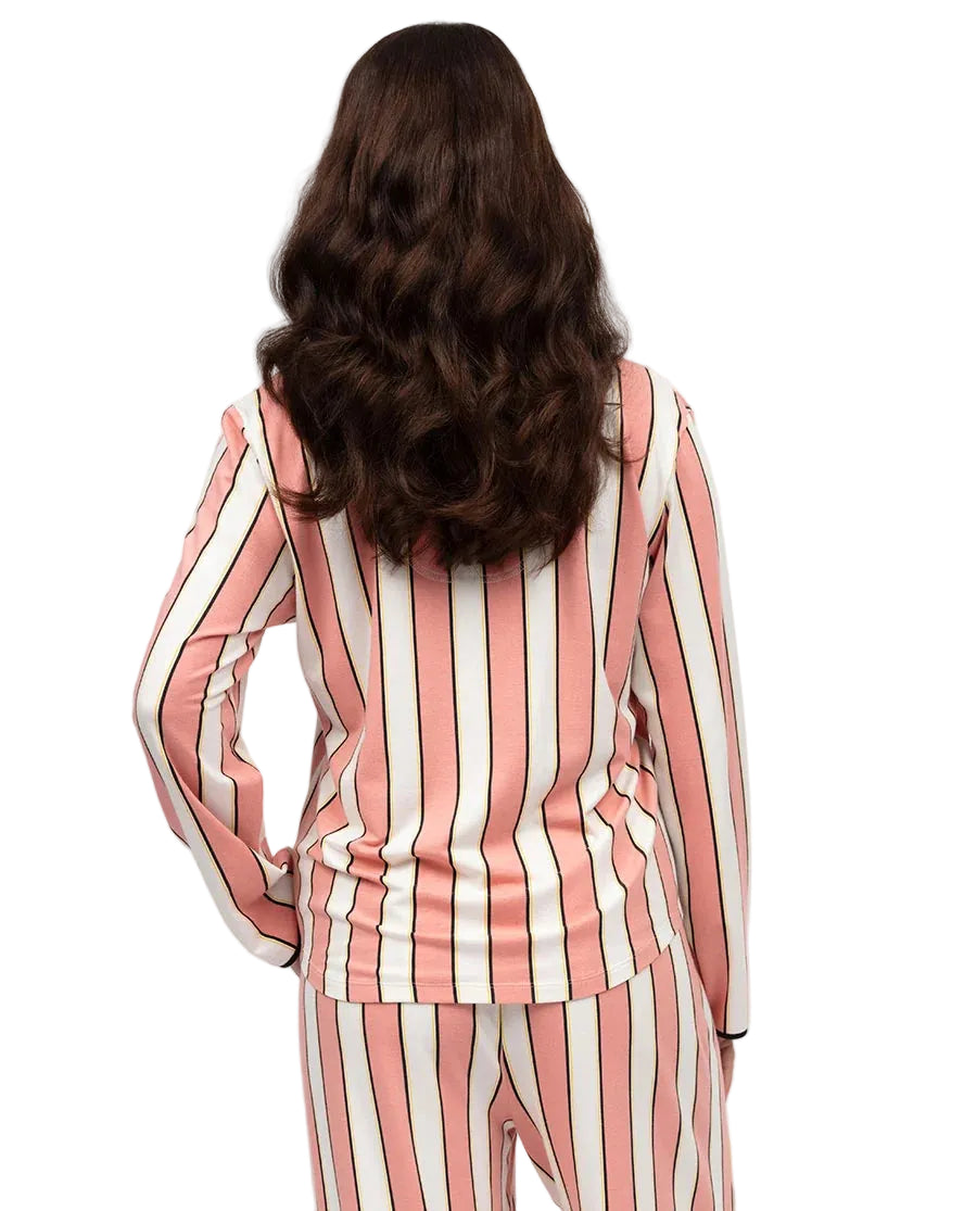 Knitted shirt with vertical pink and white stripes. Thin black lines border the pink stripes. Long sleeves with black cuffs.