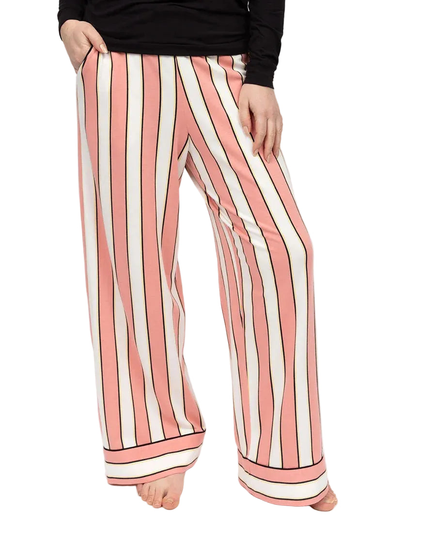 Pink mix and white striped knitted wide-leg trousers with side pockets and cuffed hems, featuring thin black lines.