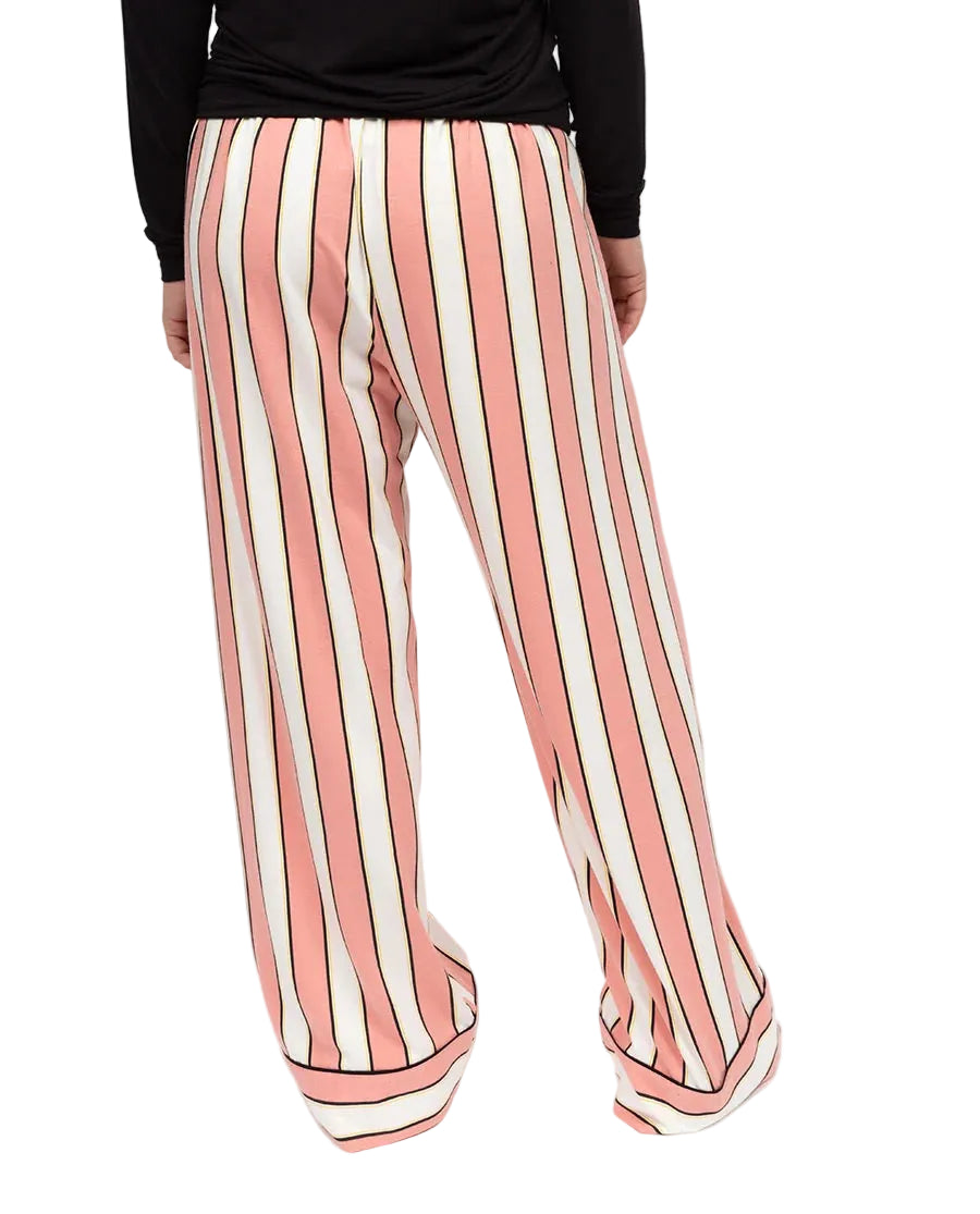 Pink, white, and black vertically striped wide-leg trousers with an elasticated waist and black trim at the hem.