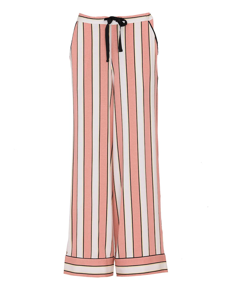 Knitted wide-leg trousers with vertical pink, white, and thin black stripes. Features a black drawstring waist, side pockets,