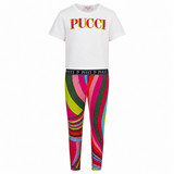 White short-sleeved t-shirt with a multicolour 'PUCCI' logo and multicolour abstract patterned leggings with a branded waistb