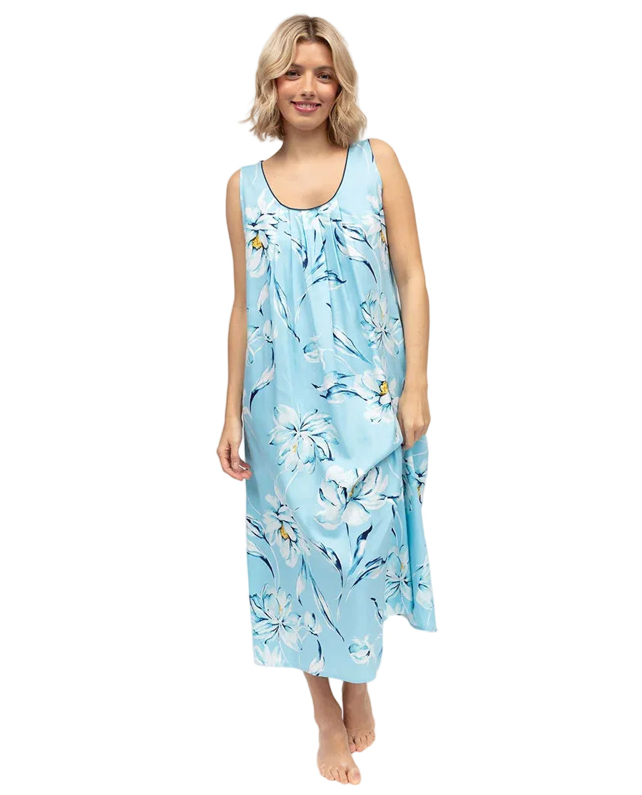 Light blue woven sleeveless nightdress with white and blue floral pattern, scoop neckline, and dark piped trim.