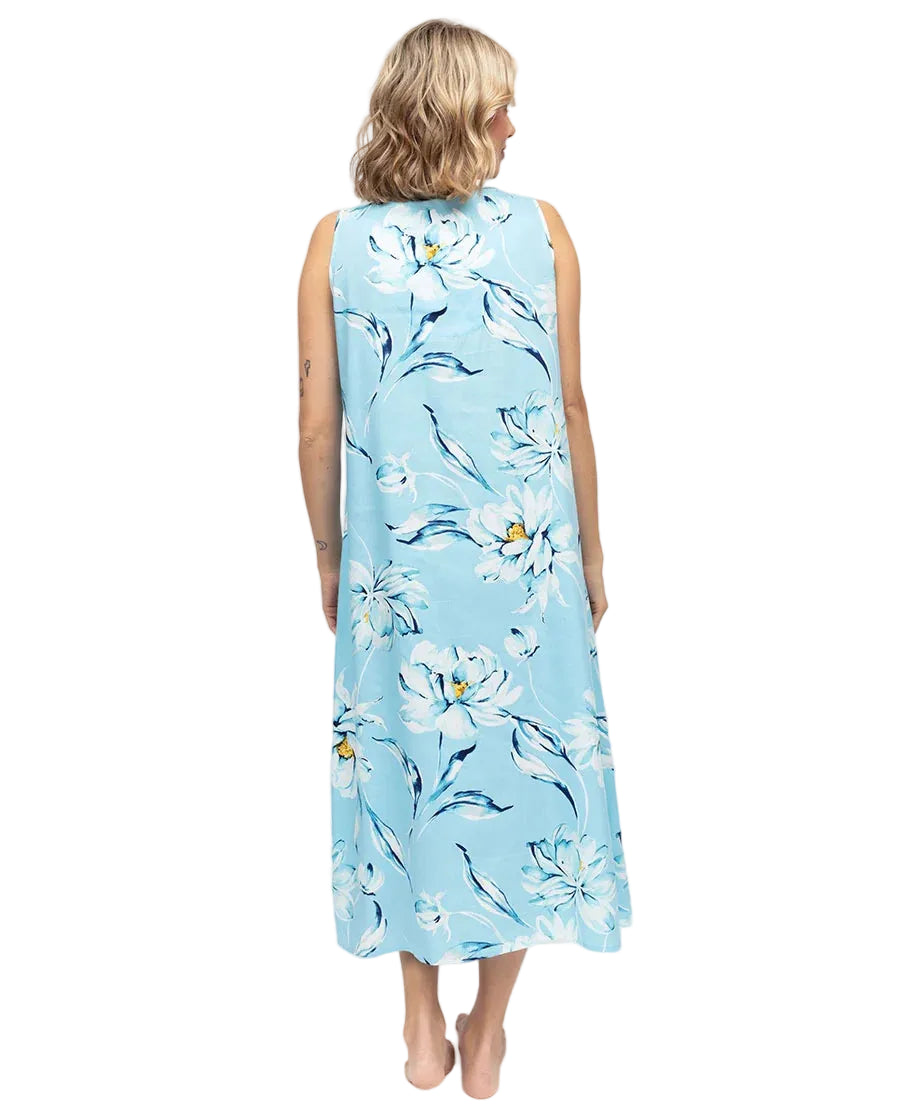 Light blue sleeveless woven nightdress with large white and blue floral print, yellow flower centers, and a loose fit.