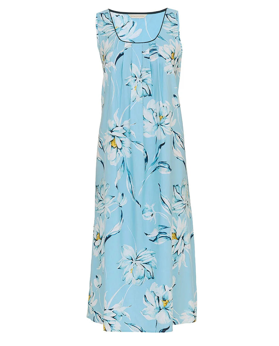 Sleeveless light blue woven nightdress with white and blue floral print, square neckline with dark trim, and front pleats.