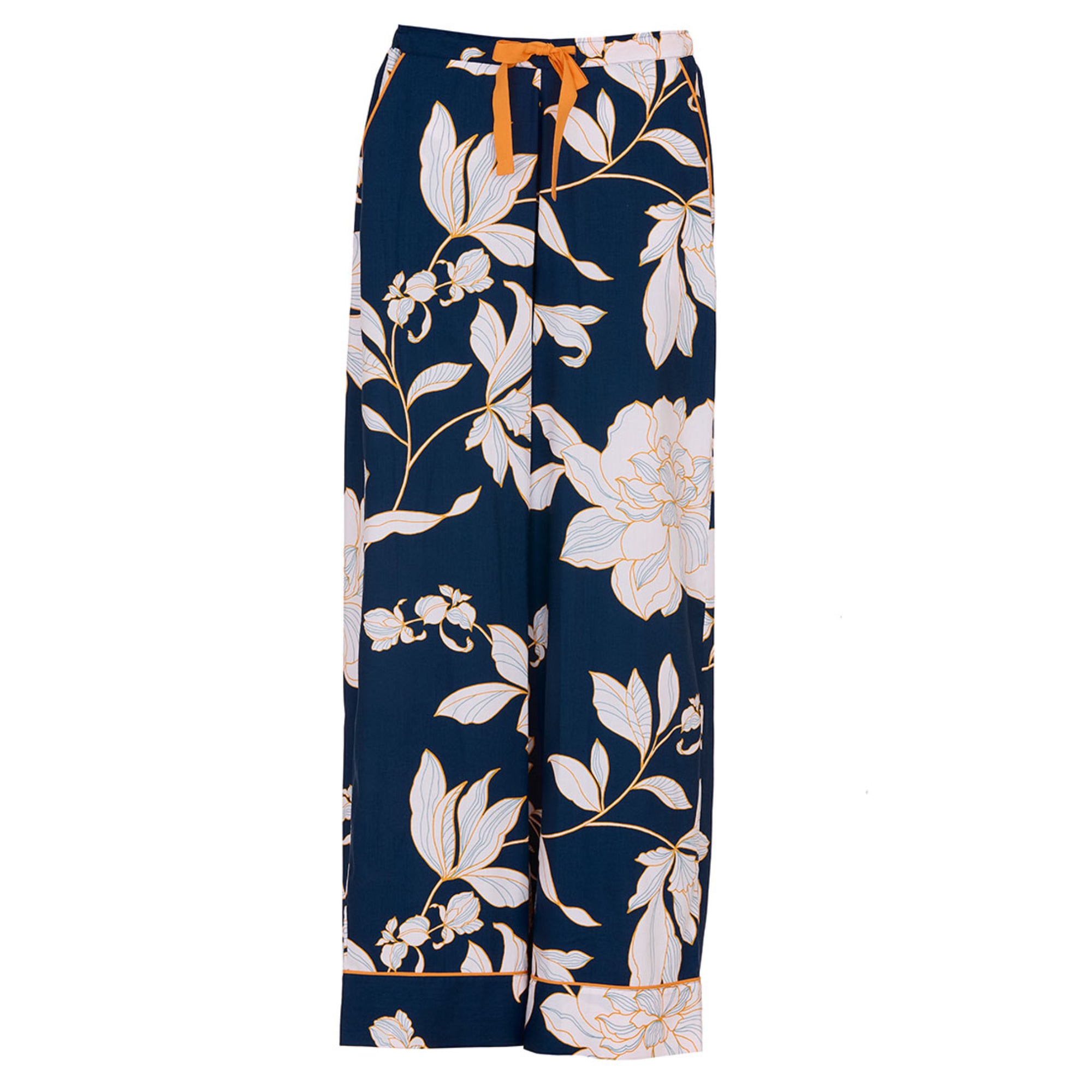 Navy wide leg pyjama bottoms with white floral print, gold-toned outlines, orange drawstring waist, and orange cuff piping.