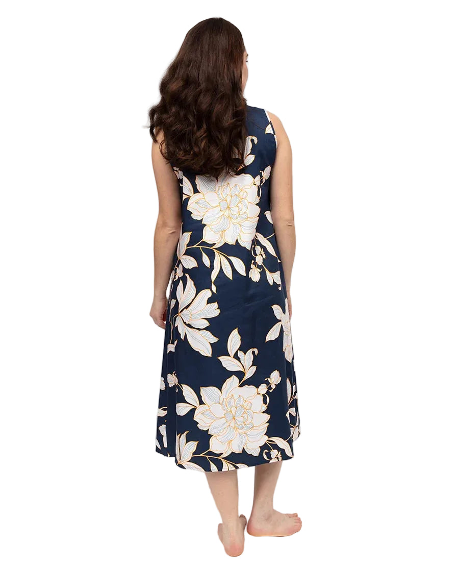 Navy sleeveless long nightdress with large white and light auburn floral print, outlined in gold-toned lines.