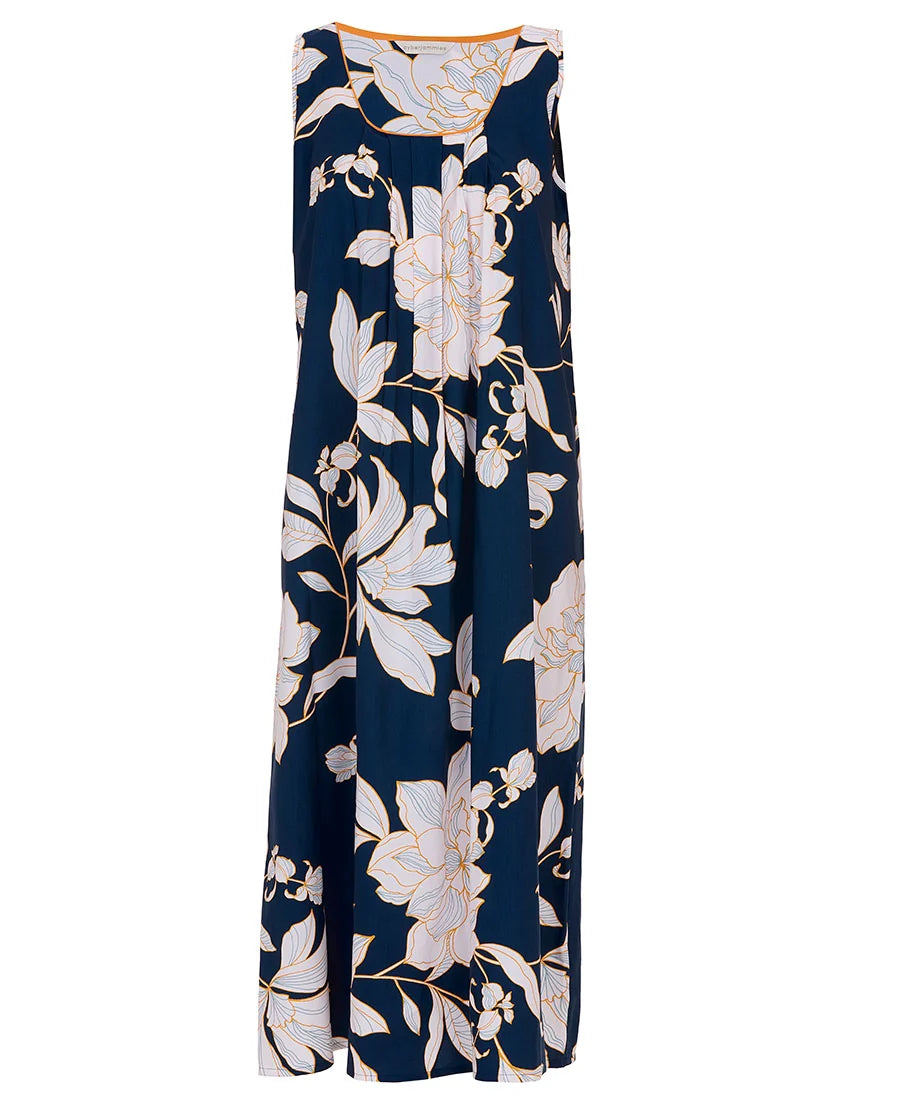 Sleeveless navy long nightdress with light pink and gold-toned floral print, orange-trimmed square neckline, and front pleats