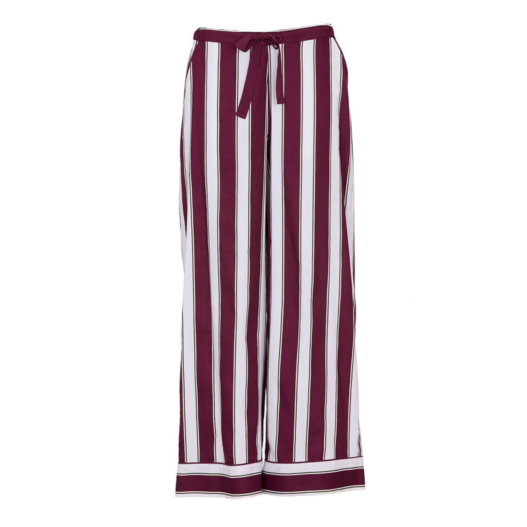 Ox blood and white vertical striped wide leg pyjama bottoms with an ox blood drawstring waist and banded hem featuring a thin