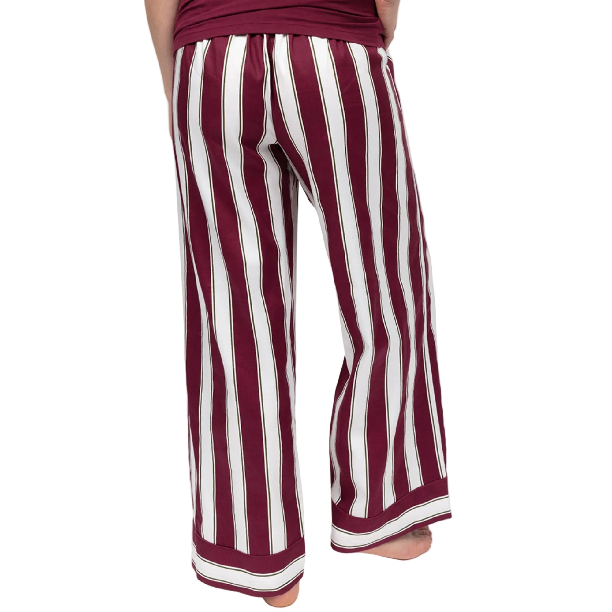 Ox blood and white vertical striped wide leg pyjama bottoms with thin dark borders on the ox blood stripes. Cuffed hem.