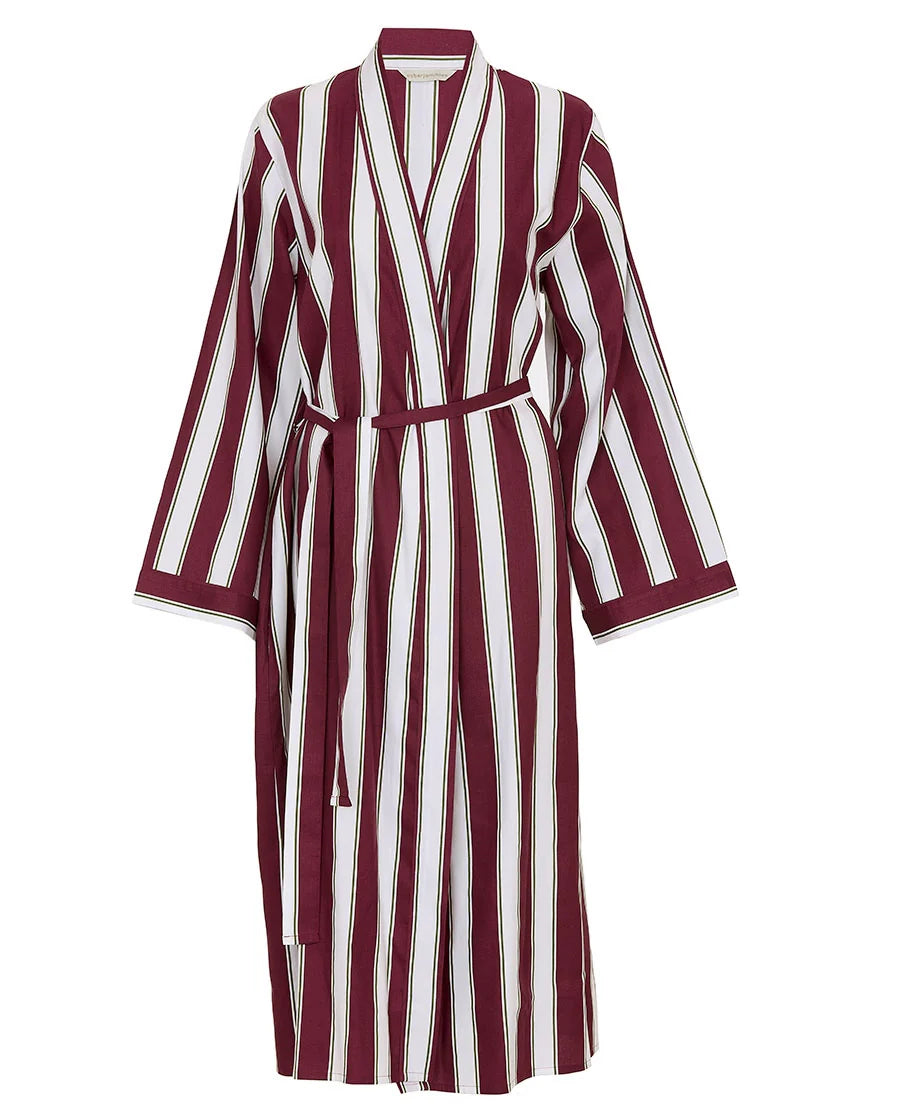 Ox blood and white striped long dressing gown with thin dark lines, V-neck, long sleeves, and a matching tie belt.