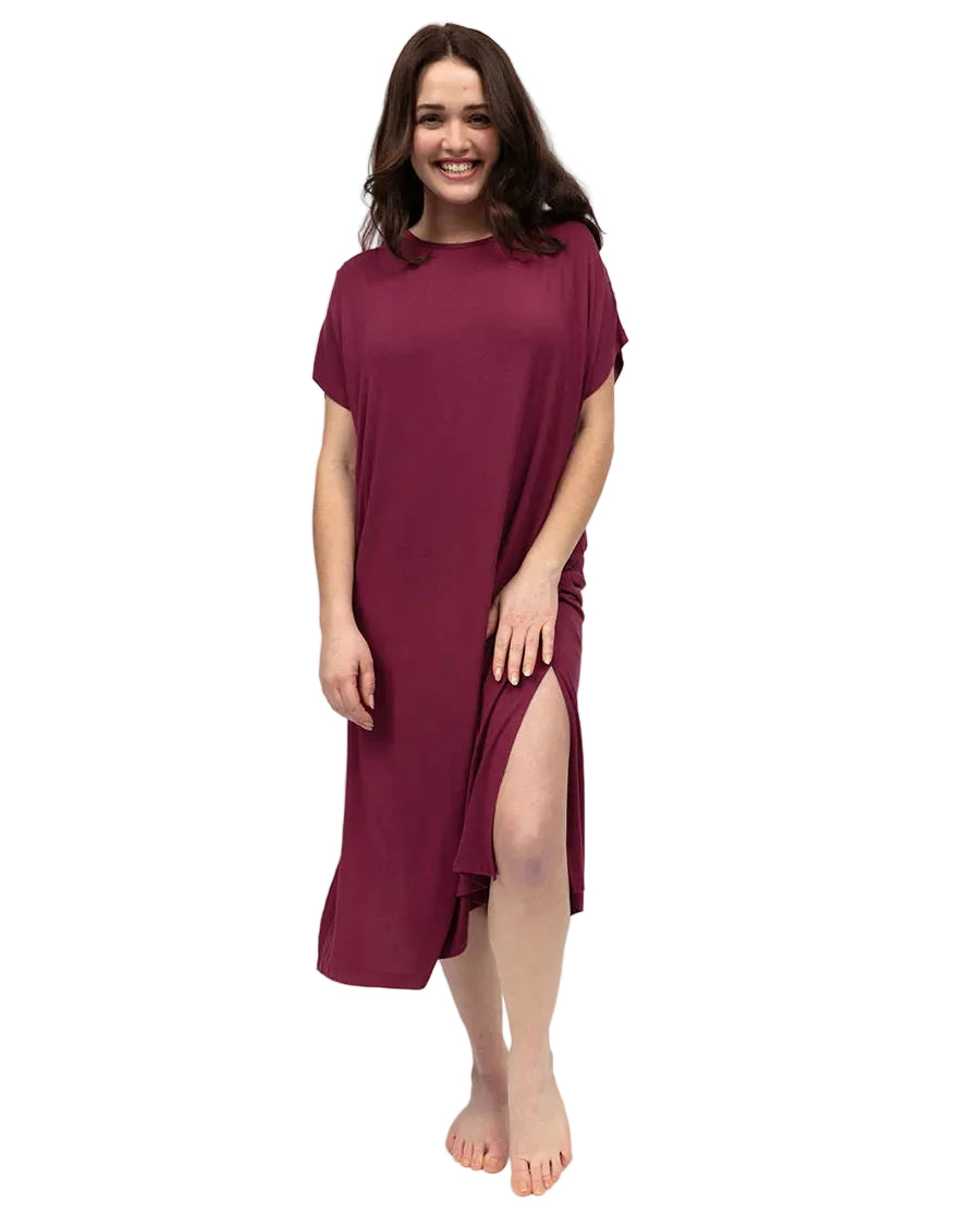 Ox blood jersey long nightdress with cap sleeves, round neckline, and a high side slit.