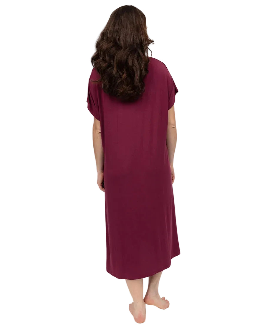 Ox blood jersey long nightdress with cap sleeves and a loose, relaxed fit, extending to mid-calf length.