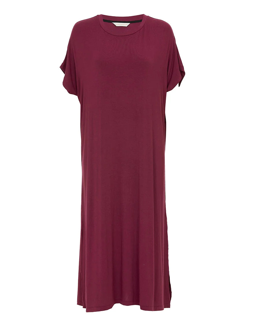 Ox blood jersey long nightdress with a round neck, cap sleeves, and small side slits at the hem.