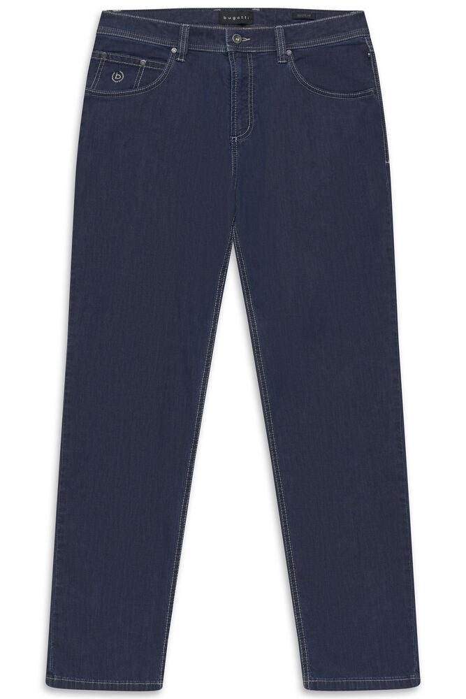 Dark blue straight-leg men's jeans with light contrast stitching, five pockets, and a button and zip fly closure.