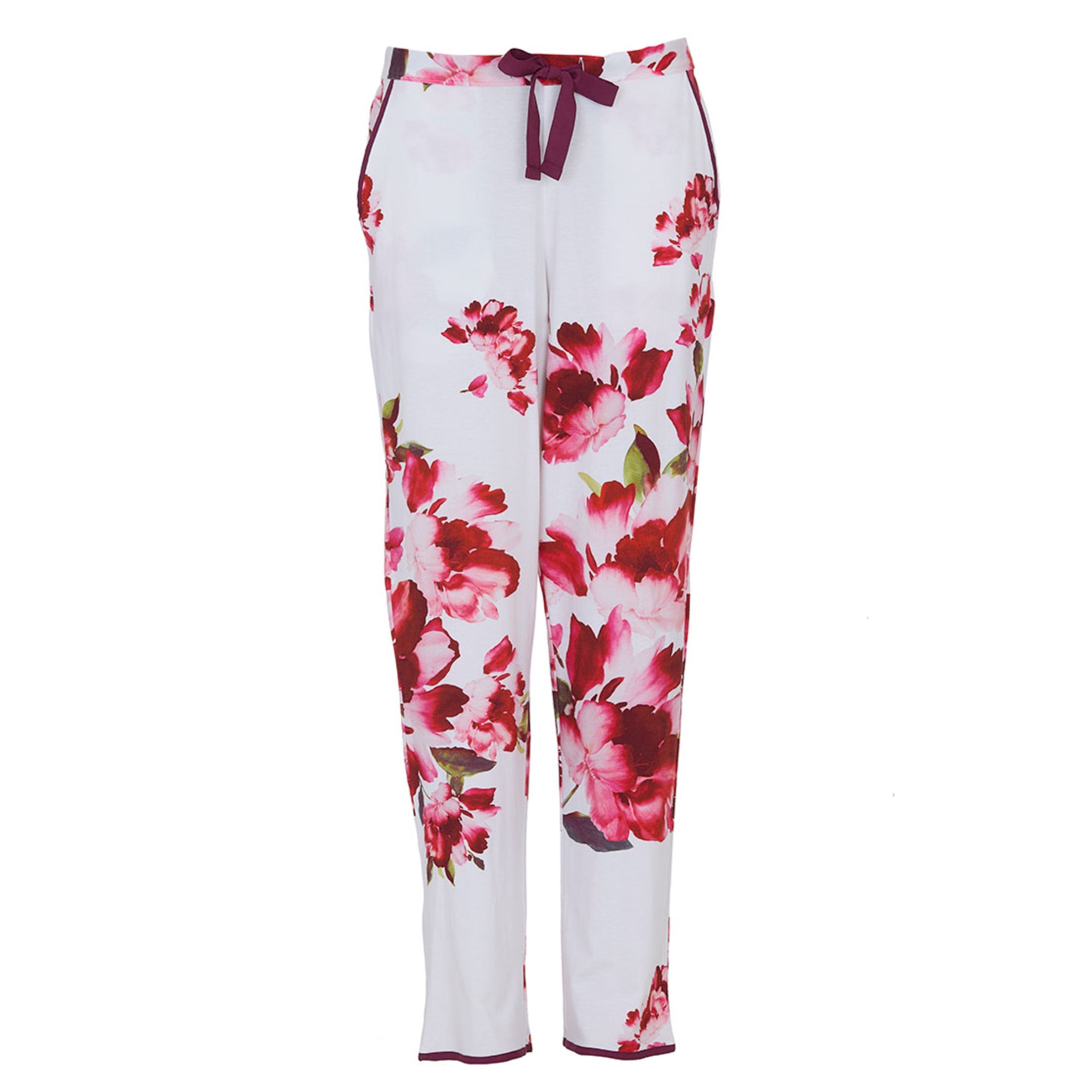 White jersey pyjama bottoms with ox blood floral print, drawstring, side pockets, and ox blood piping.