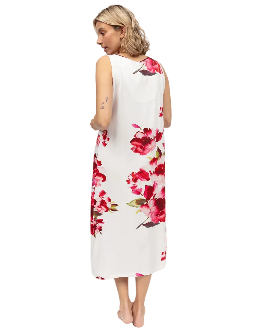 White jersey sleeveless long nightdress with a loose fit, featuring an all-over ox blood and pink floral print.