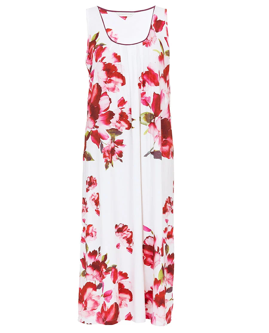 White jersey long nightdress with ox blood and pink floral print, scoop neck with ox blood trim, and front pleats.