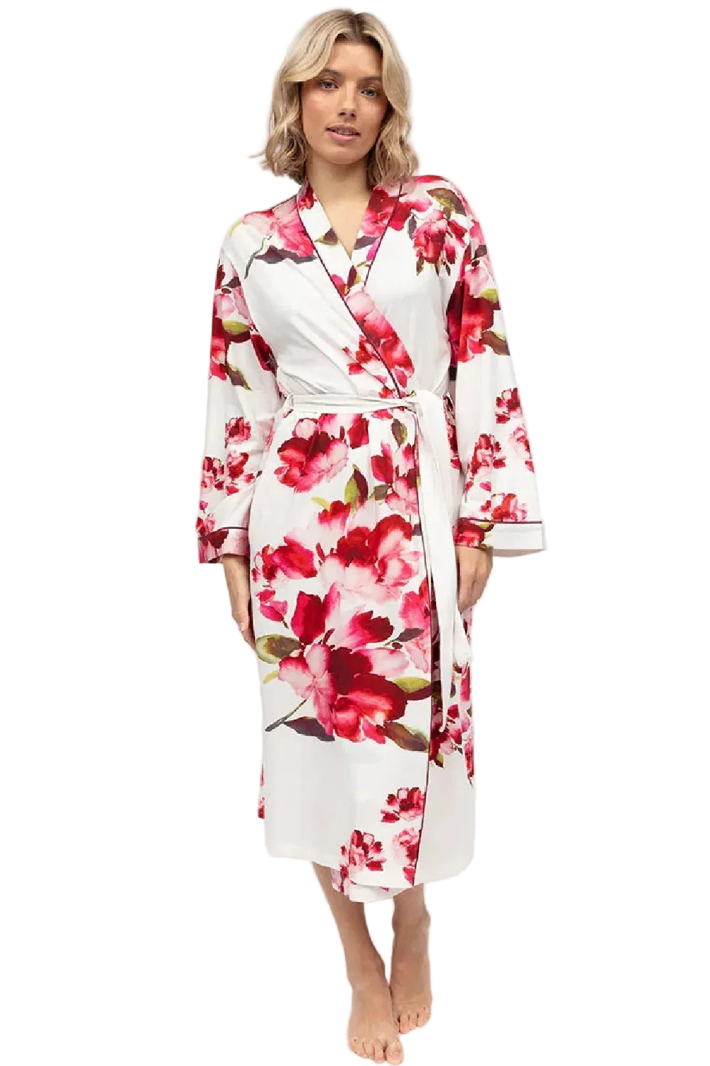White jersey long dressing gown with red and pink floral print, long sleeves, and a self-tie waist belt.