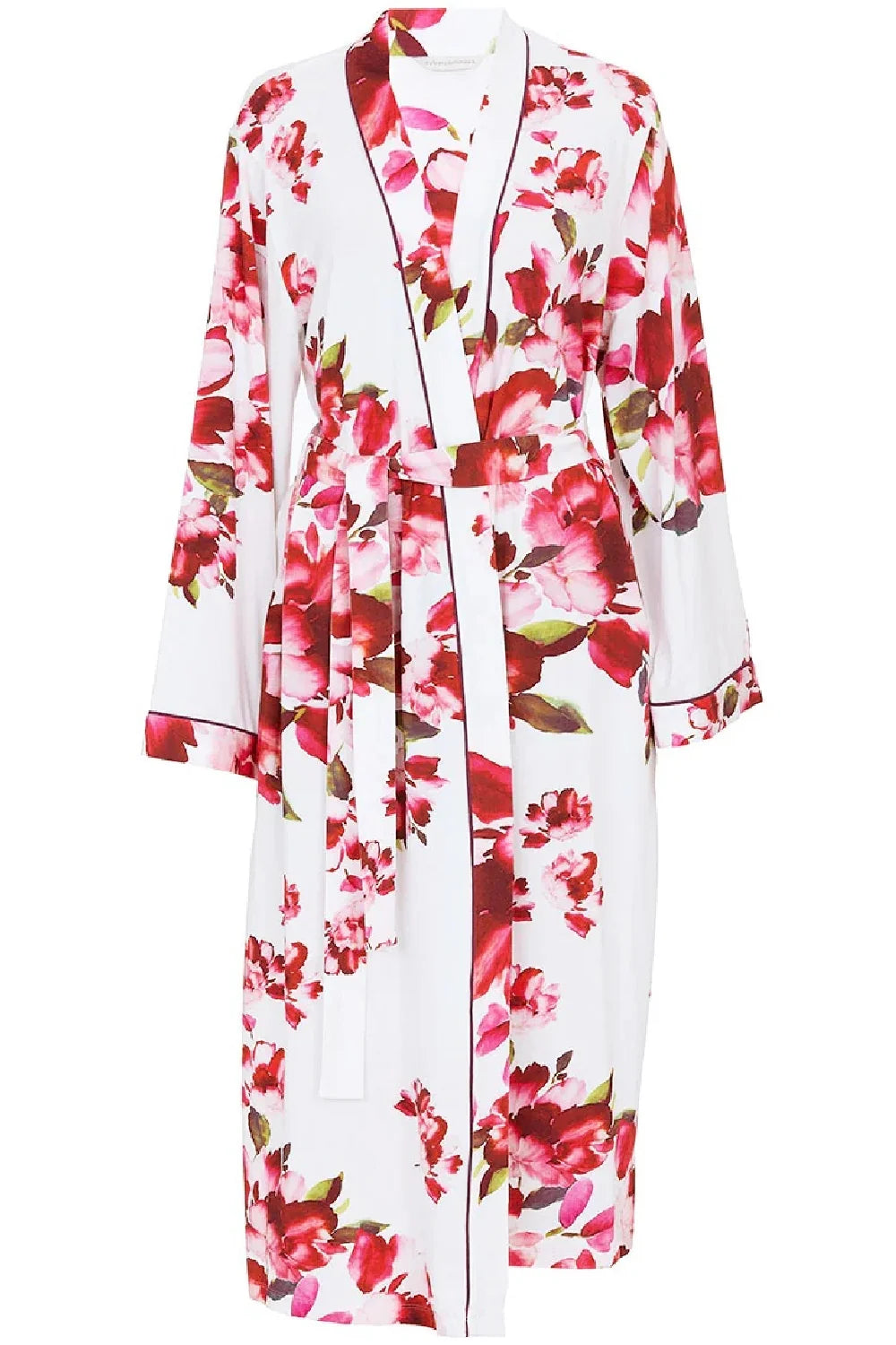 White jersey long dressing gown with ox blood and pink floral print. Features a self-tie belt and ox blood piping on lapels a