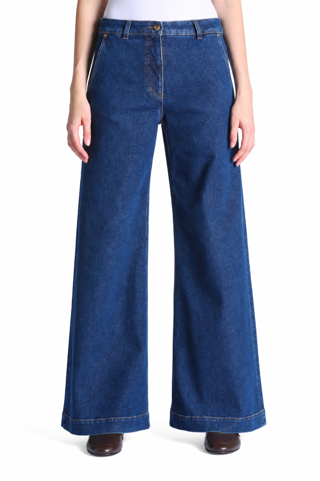 Dark blue high-waisted wide-leg denim trousers with front slant pockets and gold-toned button.