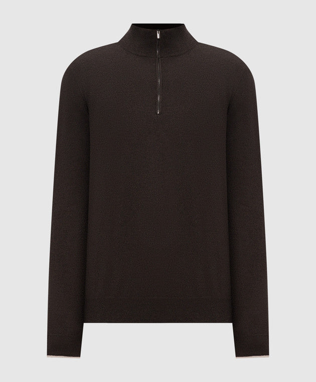 Deep brown textured knit sweater with a ribbed mock neck and a silver-toned quarter-zip closure.