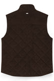 Brown corduroy waistcoat, back view. Stand-up collar, unquilted upper back, diamond-quilted body, and small tag on collar.