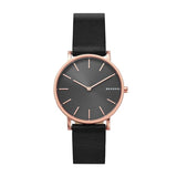 Skagen Hagen Unisex Grey Dial Watch Rose Gold Black Leather Strap