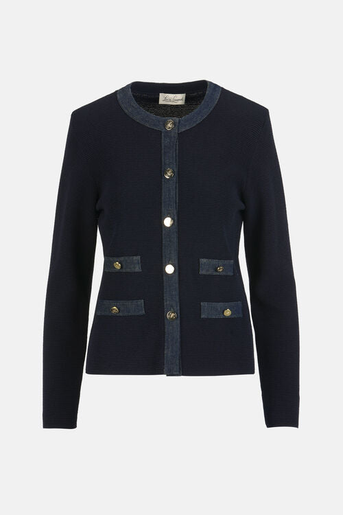 Dark blue ribbed knit cardigan with denim trim, round neck, gold-toned button front, and four denim patch pockets.